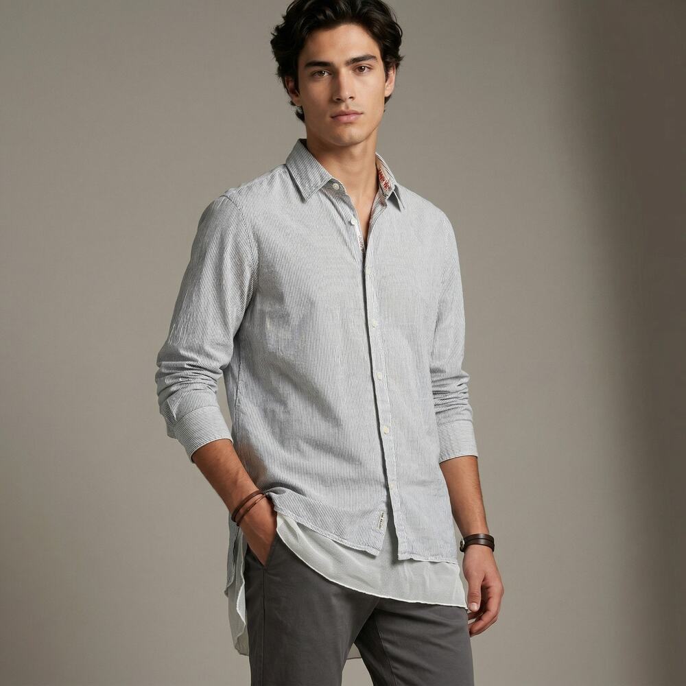 Johnny Was Men's Pinstripe Shirt Layered Raw Hem Boho Coastal White M